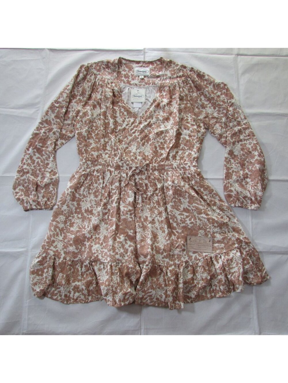 Threadgrit Women's XL Long Sleeve Tie Waist Western Mini Print Dress Cream/Cogna